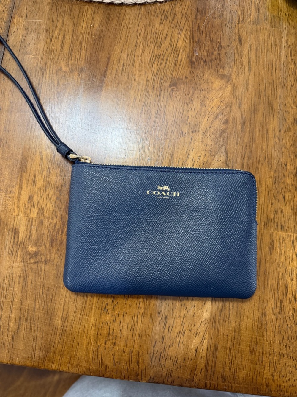 Coach Navy Leather Zip Wristlet with Gold Logo